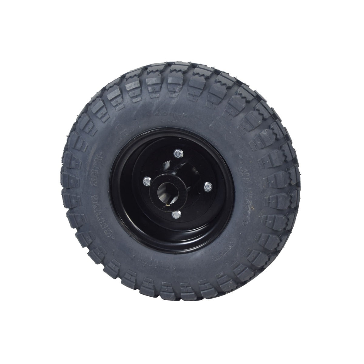 14x4 Flat Free Wheel Assembly for Quantum Q6 Edge HD & Q6 Edge Z Power Chairs, featuring a dark gray knobby tread tire on a silver and black rim with a keyed hub.