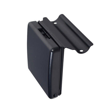 Cup Holder Assembly for Jazzy Power Chairs with Comfort Seats (D Style) featuring a black rectangular holder with a metal bracket designed to attach to the tubular arm weldment of the chair.