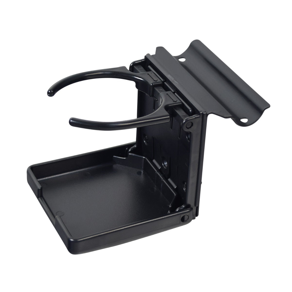 Cup Holder Assembly for Jazzy Power Chairs with Comfort Seats (D Style), featuring a black plastic holder with a black handle, designed for easy installation on tubular armrest weldments.