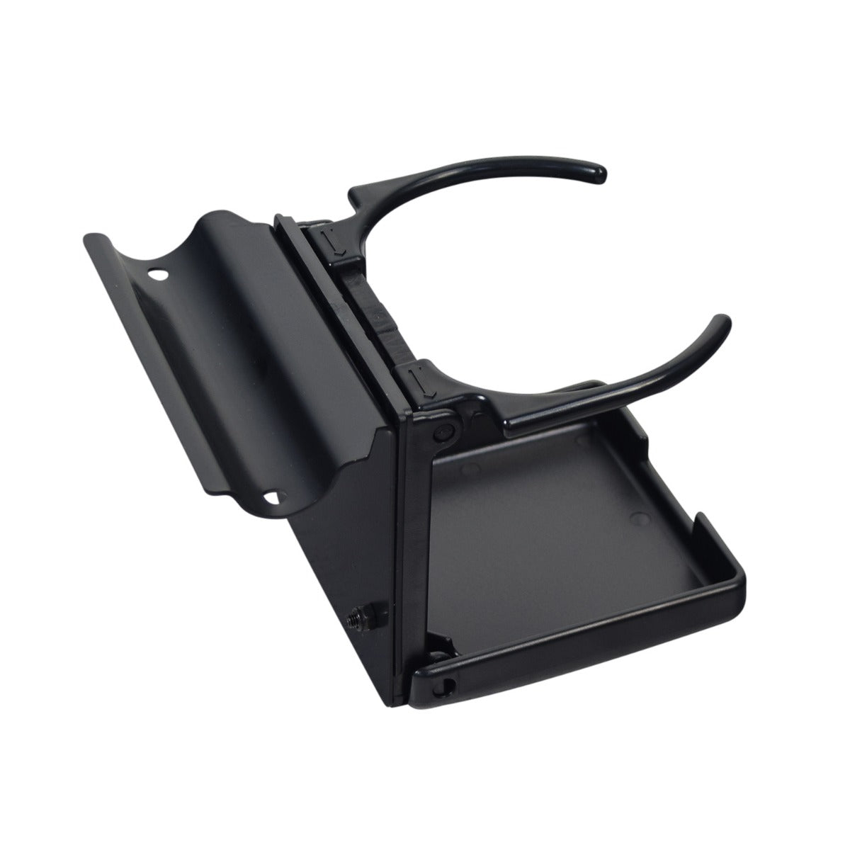 Cup Holder Assembly for Jazzy Power Chairs with Comfort Seats (D Style) featuring a black metal bracket and handle designed to attach to the tubular arm weldment beneath the armrest pad.