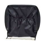 Black Vinyl Seat Back Cover for the Jazzy Select with 20 Wide Comfort Seat, featuring a smooth finish, rear pouch, and hook & loop strip for easy attachment and removal.