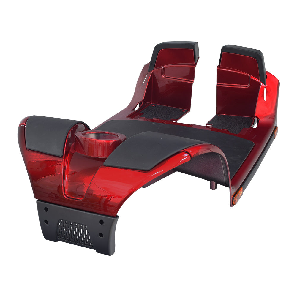 Red Front Shroud Assembly for the 4-Wheel Pride Victory 10 (SC710) with a sleek design, featuring the front shroud panel, attached reflectors, black rubber floor mat, and essential trim elements.