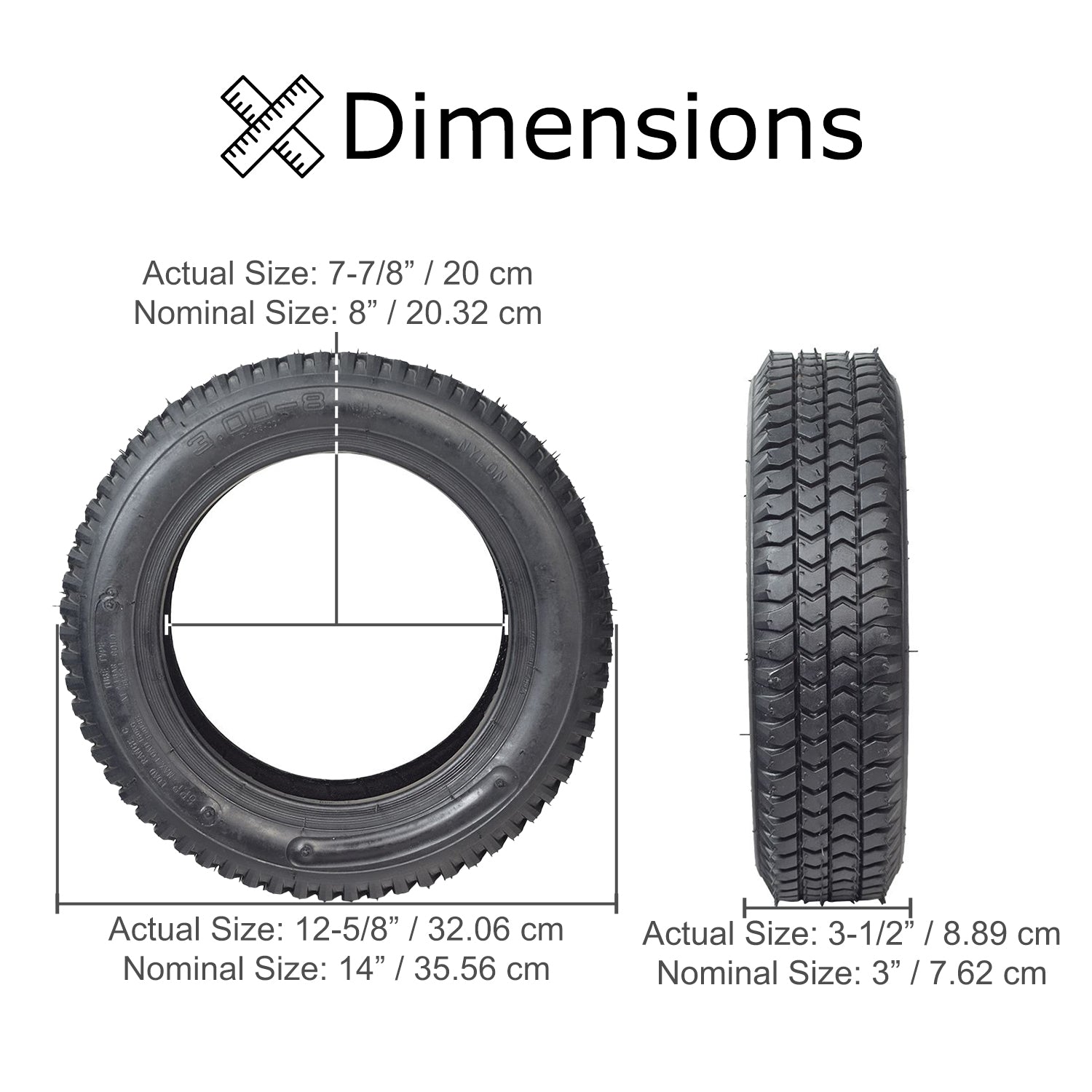 3.00-8 x 14x3 Pneumatic Black Tire with Q133 Tread and Inner Tube Set shown with tire size comparison, cross-section, and close-up details.