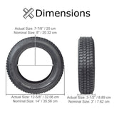 3.00-8 x 14x3 Pneumatic Black Tire with Q133 Tread and Inner Tube Set shown with tire size comparison, cross-section, and close-up details.