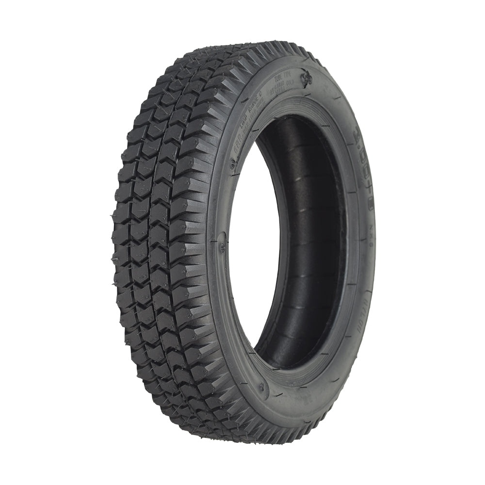 14x3 (3.00-8) Black Pneumatic Mobility Tire with Q133 Tread, featuring a close-up of the intricate tread pattern, ideal for replacing or upgrading Pride Pursuit XL mobility scooters.