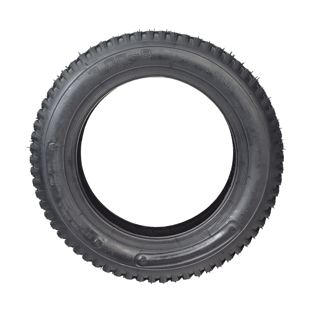 14x3 (3.00-8) Black Pneumatic Mobility Tire with Q133 Tread, suitable for Pride Pursuit XL scooters. The image shows a black tire, highlighting its sturdy tread pattern, ideal for smooth rides.