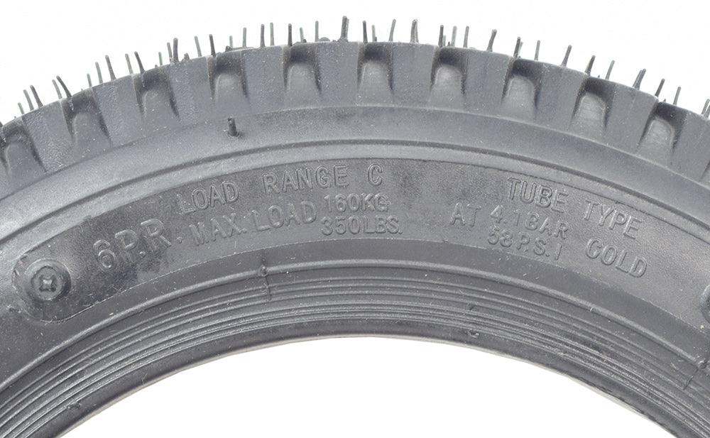 Close-up of a 14x3 (3.00-8) tire for Drive Cobra GT4 & Panther mobility scooters, featuring circular tread, suitable for front or back rims.