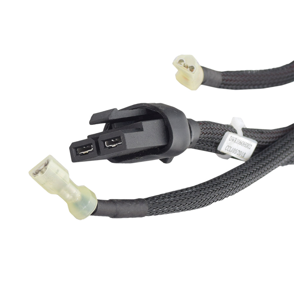 Power Interface Harness for the Jazzy EVO 613 and Select Series Power Chairs, showing a close-up of the wiring, connectors, and tags that link the controller to batteries and motors.