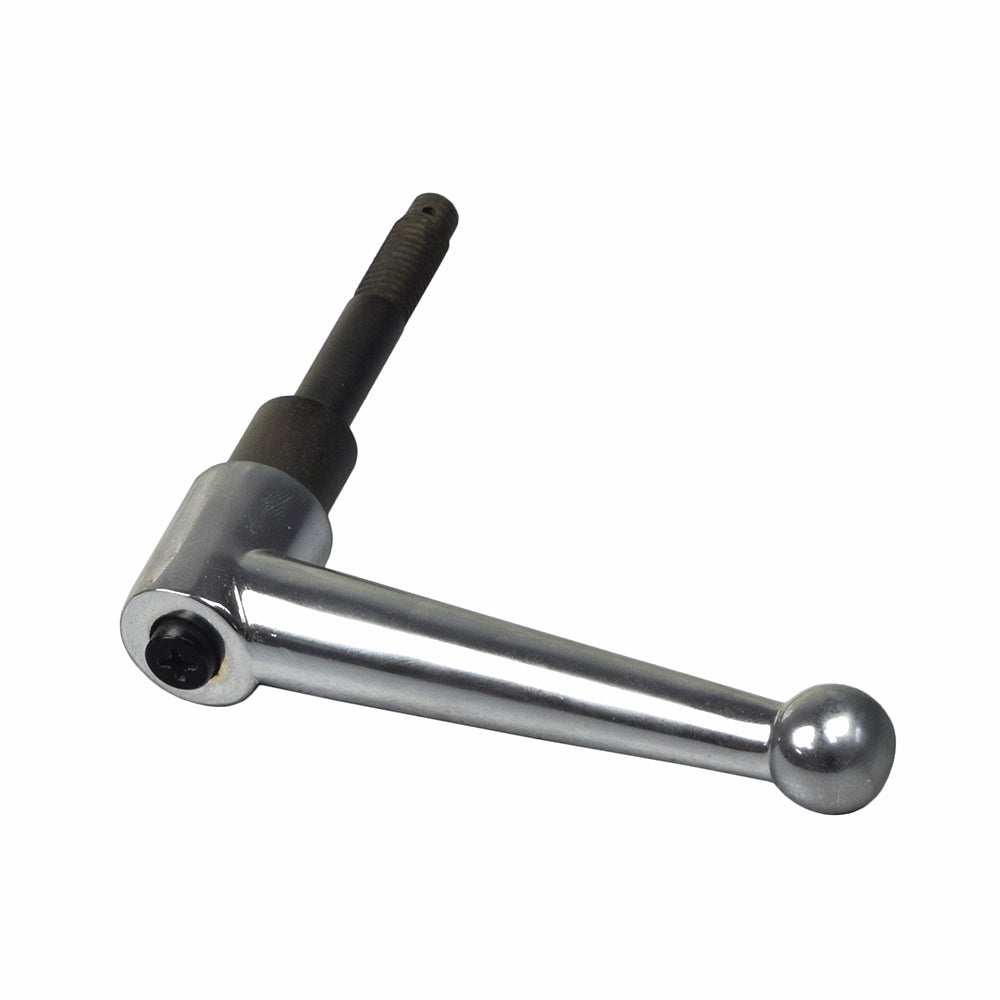 Locking Tiller Handle Assembly for Pride Rally and Victory Scooters, featuring a sleek silver and black design, adjustable lever, and wrench-like components for easy handling and storage.