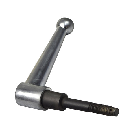 Locking Tiller Handle Assembly for Pride Rally and Victory Scooters featuring a silver and black metal tool with a silver handle and ball on top, designed for adjustable and foldable tiller control.