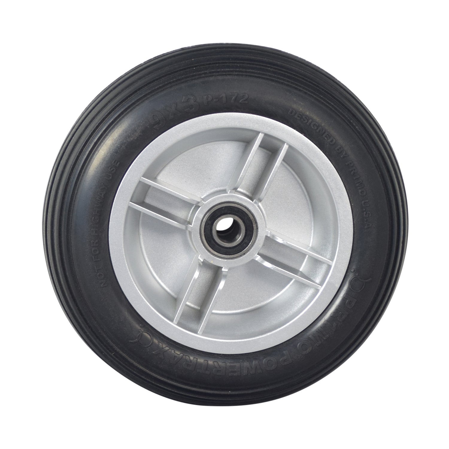 Black Foam Filled Front Wheel Assembly for the 4-Wheel Pride Revo (SC64) featuring a silver rim and black tire, designed for durability and style.