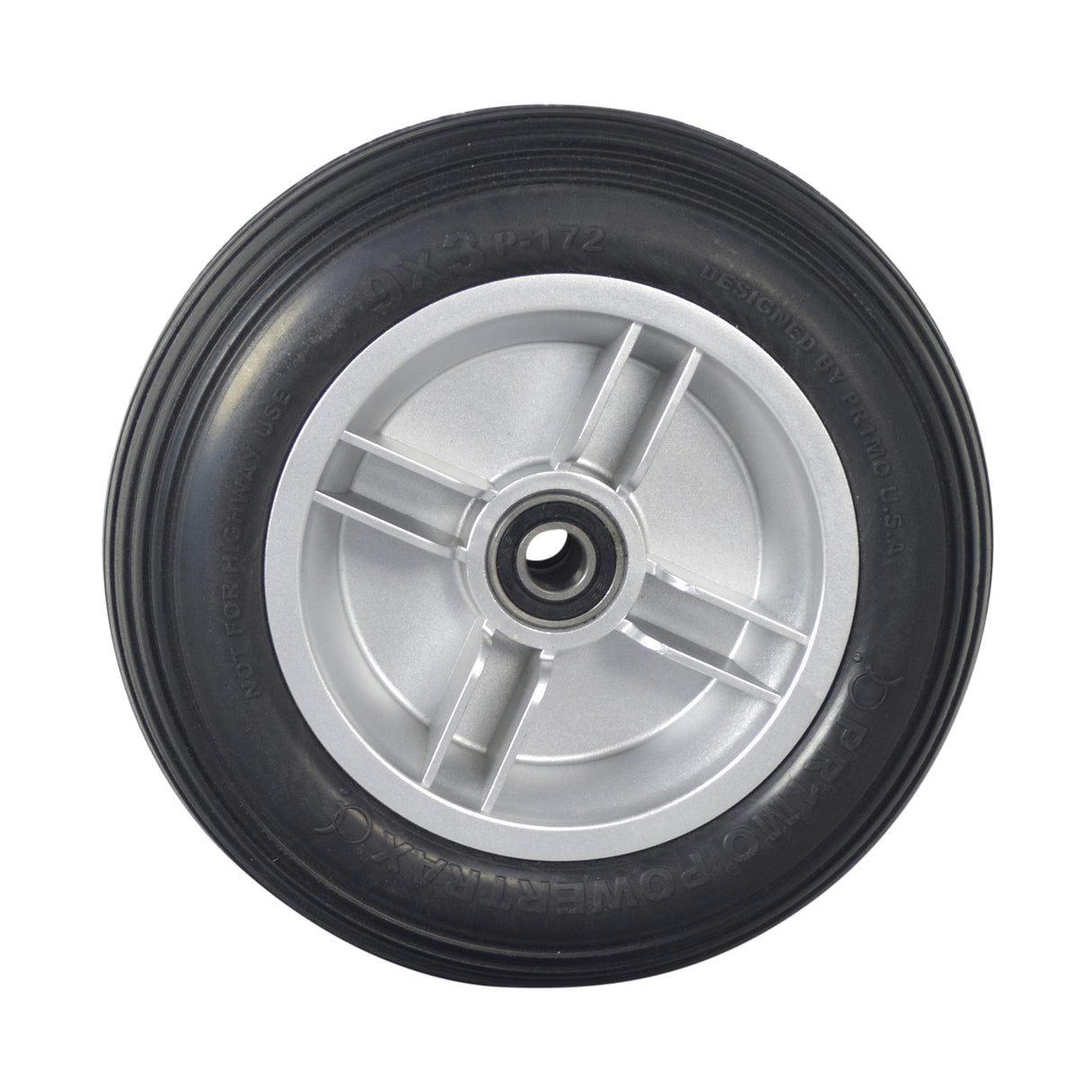 Black Foam Filled Front Wheel Assembly for the 4-Wheel Pride Revo (SC64) featuring a silver rim and black tire, designed for durability and style.