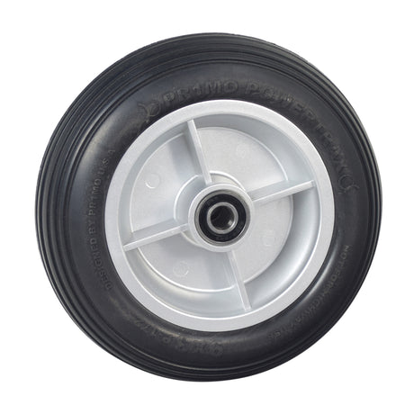 Black Foam Filled Front Wheel Assembly for the 4-Wheel Pride Revo (SC64), featuring a silver rim, black tire, and metal center, designed for mobility scooter durability and style.