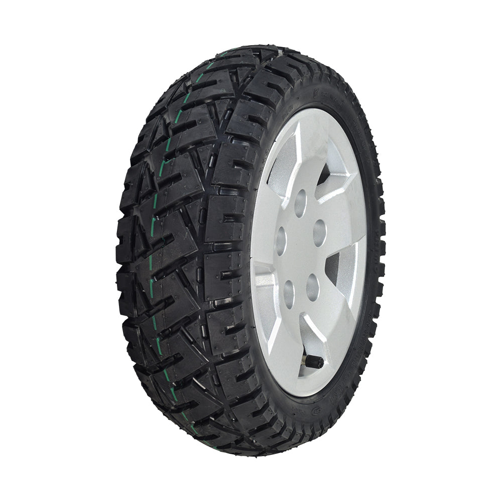 13x4 (13x4.00-8) Low Profile Pneumatic Wheel Assembly for the Pride Pursuit XL and Victory XL, featuring a silver rim and C-9328 tread pattern, close-up of tire and rim assembly.