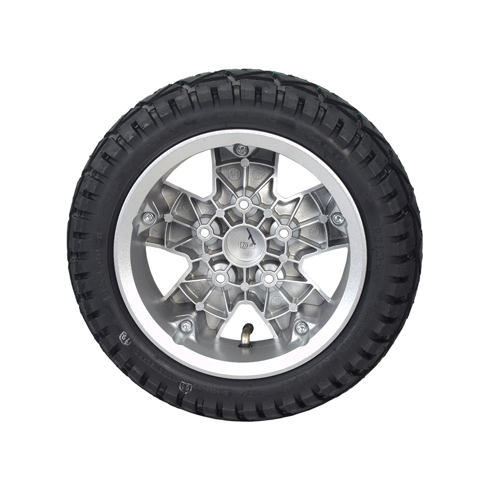 13x4 (13x4.00-8) Low Profile Pneumatic Wheel Assembly for Pride Pursuit XL and Victory XL, featuring a tire with a silver rim and C-9328 tread pattern, bolts onto either hub.