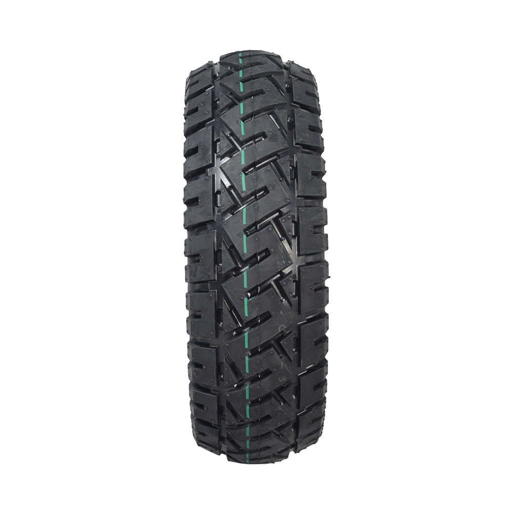 13x4 (13x4.00-8) Low Profile Pneumatic Wheel Assembly for the Pride Pursuit XL and Victory XL, featuring a close-up of the tire with a distinct blue and green stripe.