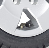 Close-up of the 13x4 (13x4.00-8) Low Profile Pneumatic Wheel Assembly for the Pride Pursuit XL and Victory XL mobility scooters, showcasing tire tread and synthetic rubber material.