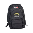 Quantum Backpack for Power Chairs and Wheelchairs featuring a prominent yellow logo, multiple zippered pockets, and easy-to-grasp plastic loop zipper handles, securely attachable with vertical straps.