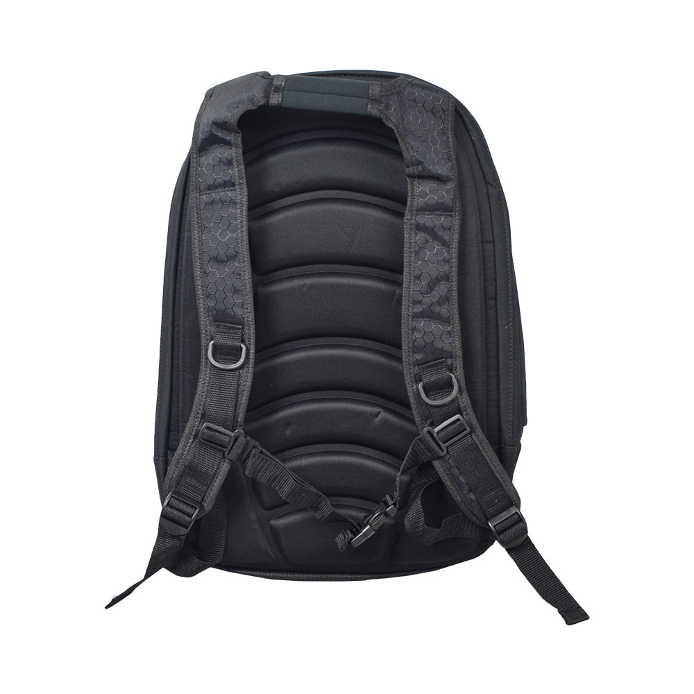 Quantum Backpack for Power Chairs and Wheelchairs featuring four zippered pockets, easily graspable plastic zipper loops, and simple vertical straps for secure attachment to seat back frames.