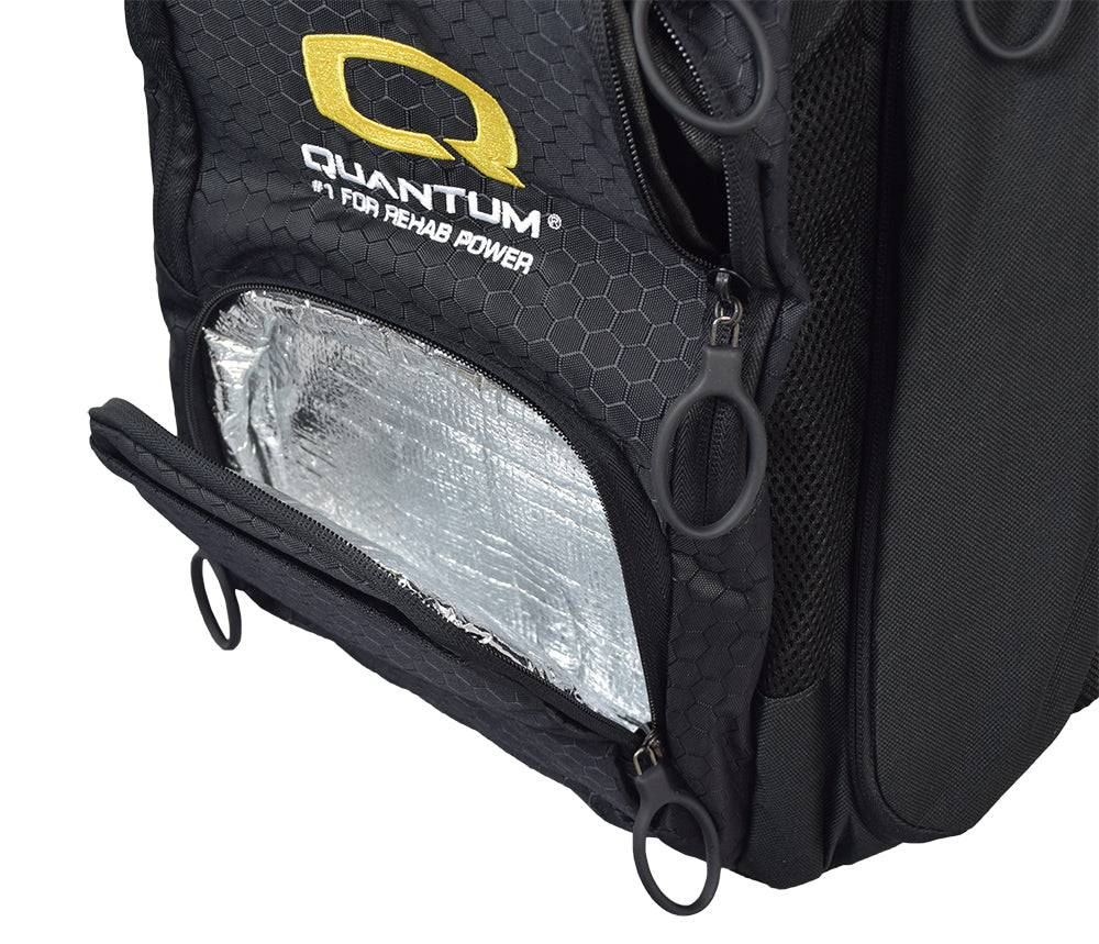 Quantum Backpack for Power Chairs and Wheelchairs with large, easy-to-grasp plastic zipper loops, black exterior, and silver foil interior, featuring four spacious zippered pockets and secure vertical straps for seat back frames.