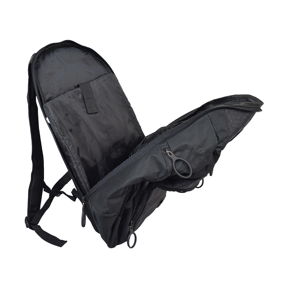 Quantum Backpack for Power Chairs and Wheelchairs featuring four zippered pockets, large plastic loop zipper handles, and vertical straps for secure attachment to seat back frames.