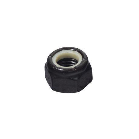 5/16-24 Black Lock Nut (NUTNYLK1032), featuring a black nut with a distinctive white ring, essential for securing the anti-tip bracket weldment on Jazzy and Quantum power chairs.