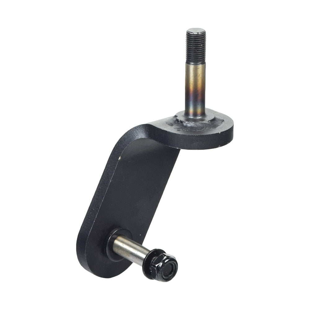 Caster Fork Assembly for the Go-Go Go-Chair, featuring a black metal piece with a bolt, nut, washers, and a metal rod, designed for Pride Mobility models.