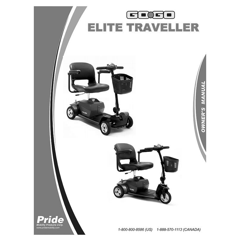 Owner's Manual for the Go-Go Elite Traveller (SC40E/SC44E) featuring a black mobility scooter with a basket and armrest, and a detailed guide on its usage.