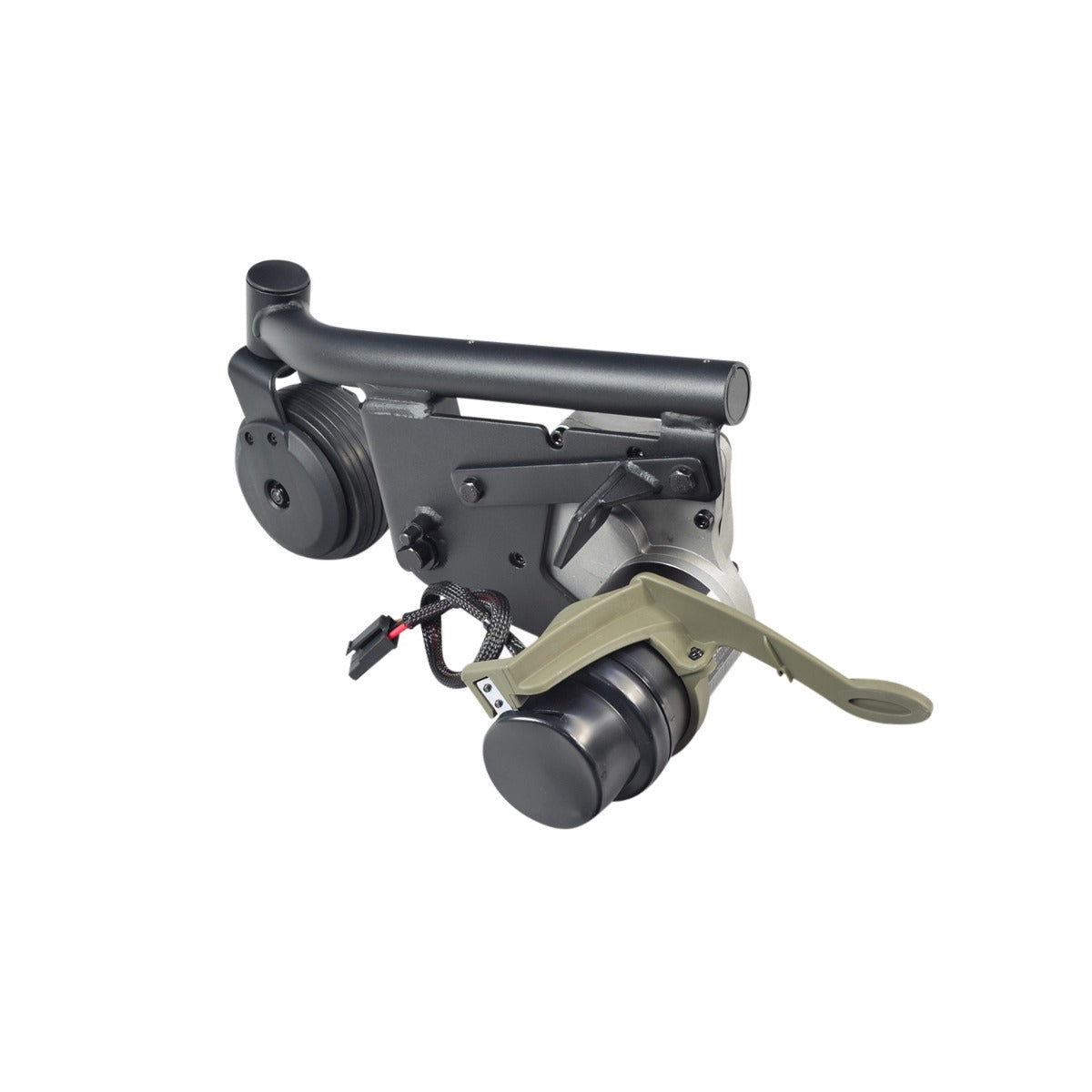 Front Caster Arm Assembly with Motor for the Jazzy EVO 613 Power Chair, showcasing a black and grey machine with wheels, integral motor, and connected components.