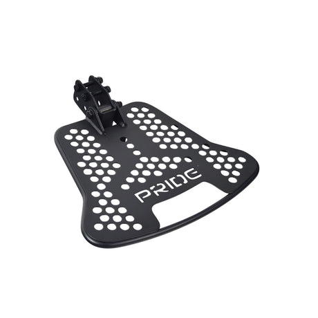 Foot Platform Assembly for Jazzy EVO 613 Power Chair, featuring a black metal piece with holes, includes mounting bracket and hardware for easy installation.