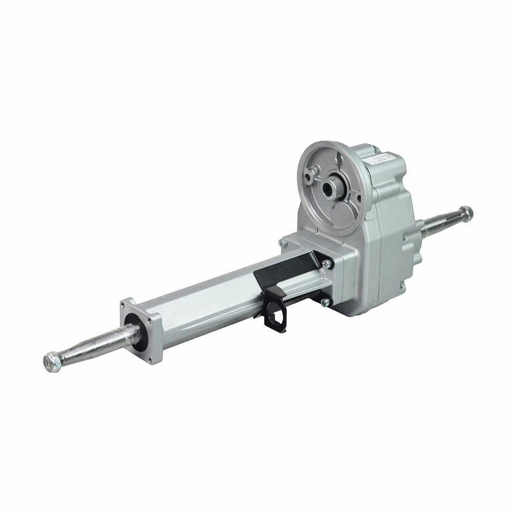 Long Shaft Transaxle without Hardware for the Pride Mobility Pride Pursuit XL (SC714) (Blemished) – a silver metal cylinder with a black handle, missing its motor and brake assembly.