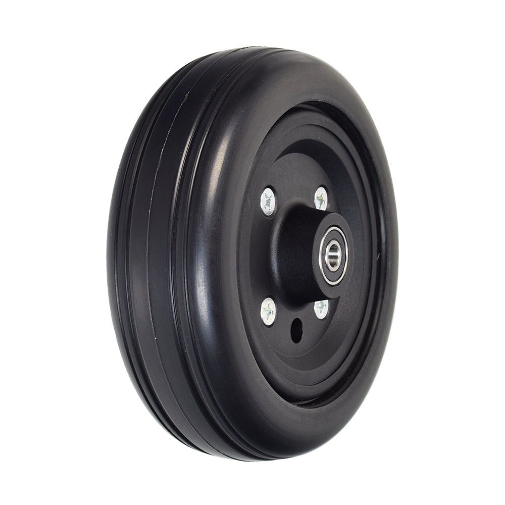 6x2 All-Black Rear Caster Wheel Assembly for Jazzy Select, Jazzy Select Elite, and Pride TSS 300, featuring a black wheel with a metal center, ideal for power chairs.