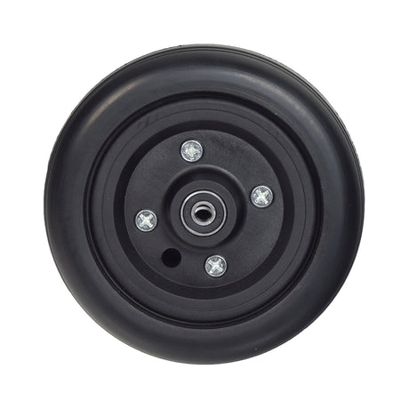 6x2 All-Black Rear Caster Wheel Assembly for Jazzy Select, Jazzy Select Elite, and Pride TSS 300, shown with bearings, spacers, and a black tire.