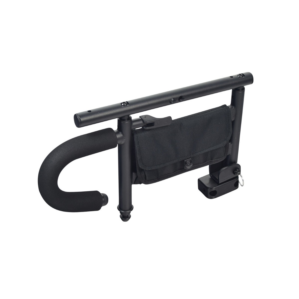 2-Post Flip-Up Armrest Assembly for Quantum Power Chairs with Synergy & Tru-Balance Seats, featuring a black adjustable armrest with a 14 waterfall pad, shown close-up with strap and hardware components.