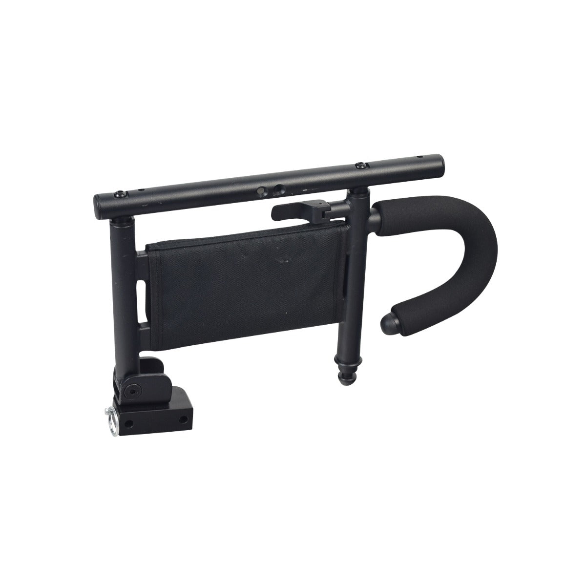 2-Post Flip-Up Armrest Assembly for Quantum Power Chairs with Synergy & Tru-Balance Seats, featuring a black handle, height adjustable armrest, and 14 black waterfall armrest pad, including necessary hardware.