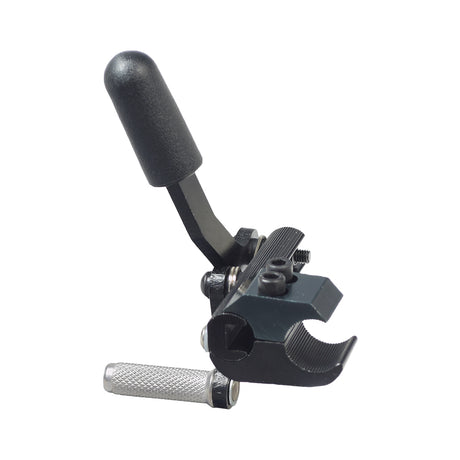 Pull-to-Lock Brake Assembly for the Pride Stylus & Stylus LS Manual Wheelchair, featuring a black metal tool with a handle, complete with a rubber lever knob, mounting blocks, and screws.