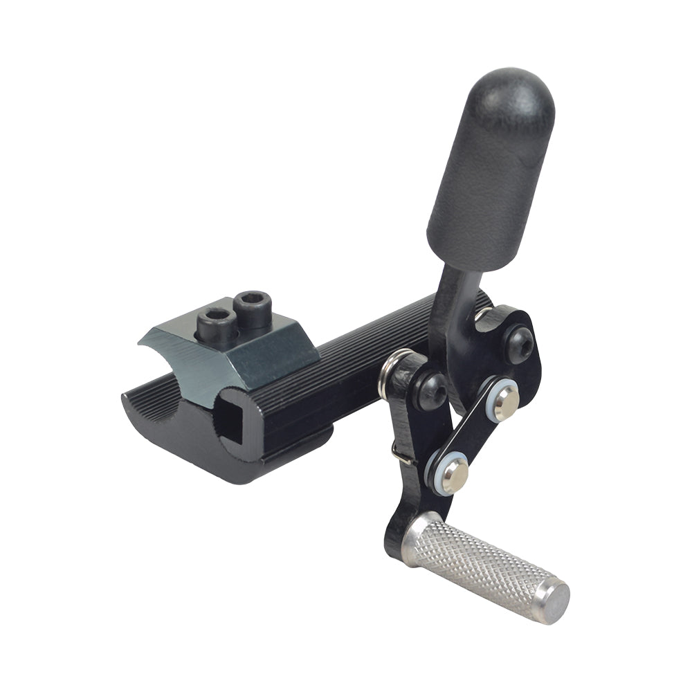 Pull-to-Lock Brake Assembly for the Pride Stylus & Stylus LS Manual Wheelchair, featuring a black rubber lever knob, upper and lower mounting blocks, and two screws, shown in a close-up view.