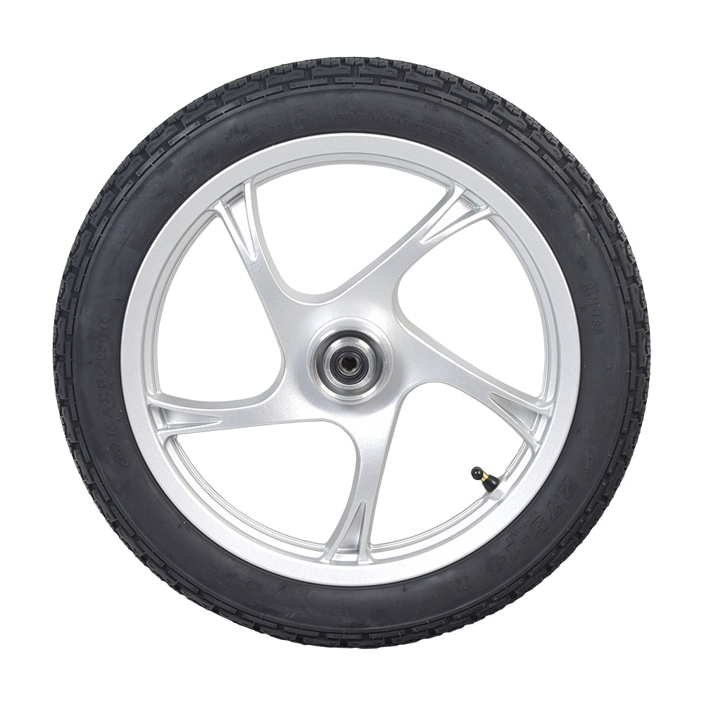 Front Wheel Assembly for the Pride Sport Rider, featuring a robust tire with a silver rim, ready to install, ensuring your mobility scooter maintains its stylish and functional performance.