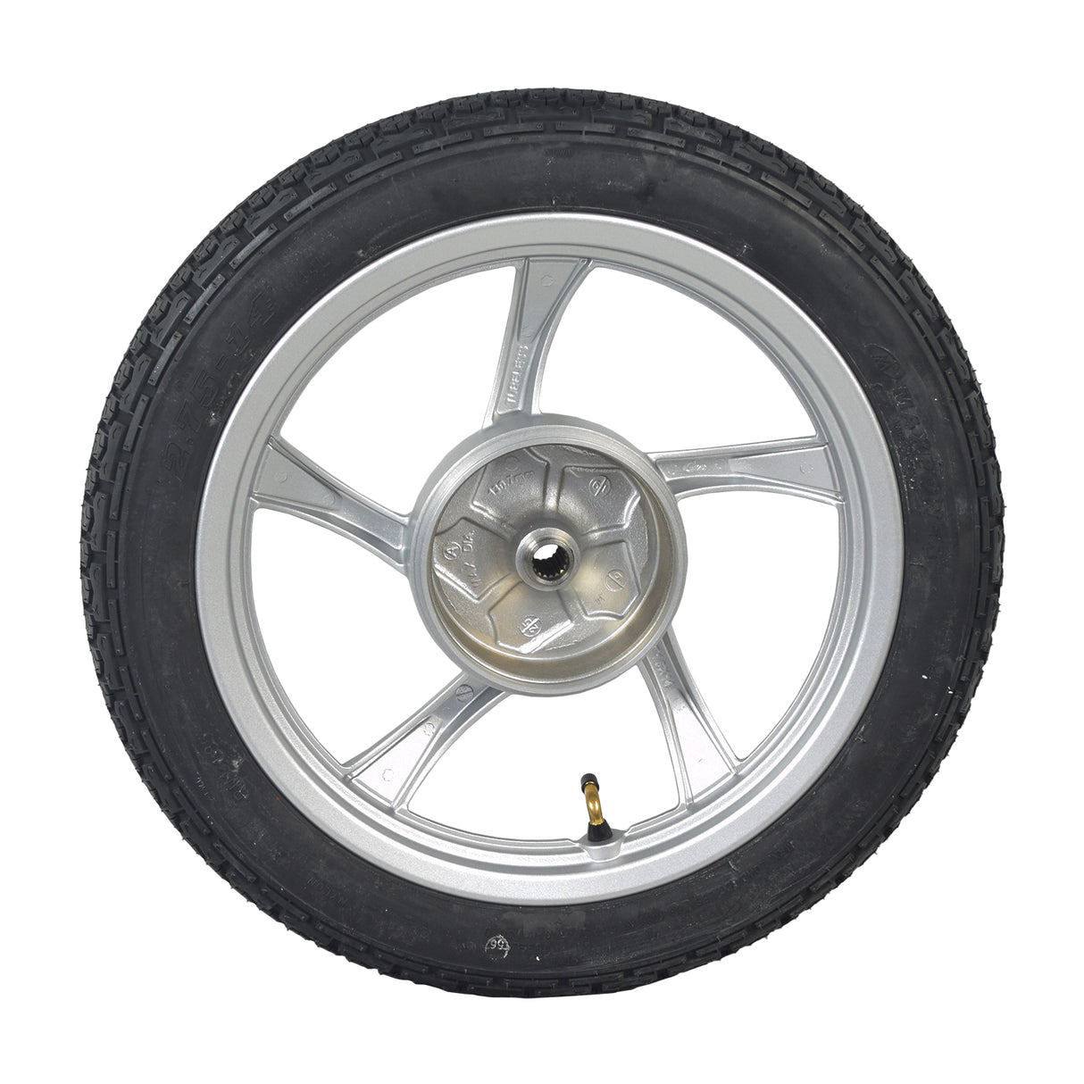 Rear Wheel Assembly for the Pride Sport Rider, featuring a tire with a silver rim and pre-assembled for quick installation, ensuring balanced performance and even wear for your scooter.