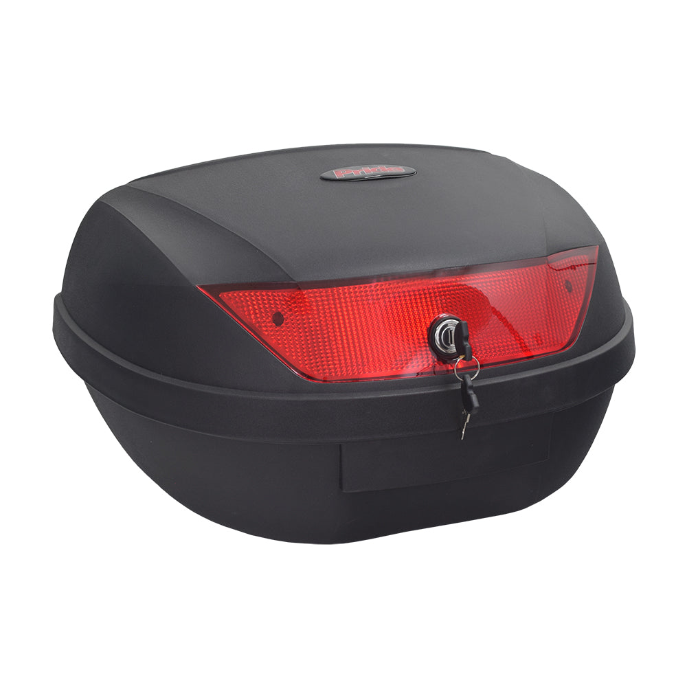 Optional Rear Storage Pod for the Pride Sport Rider, featuring a sleek black box design with a subtle red light, perfect for storing essentials like a battery charger or gloves.