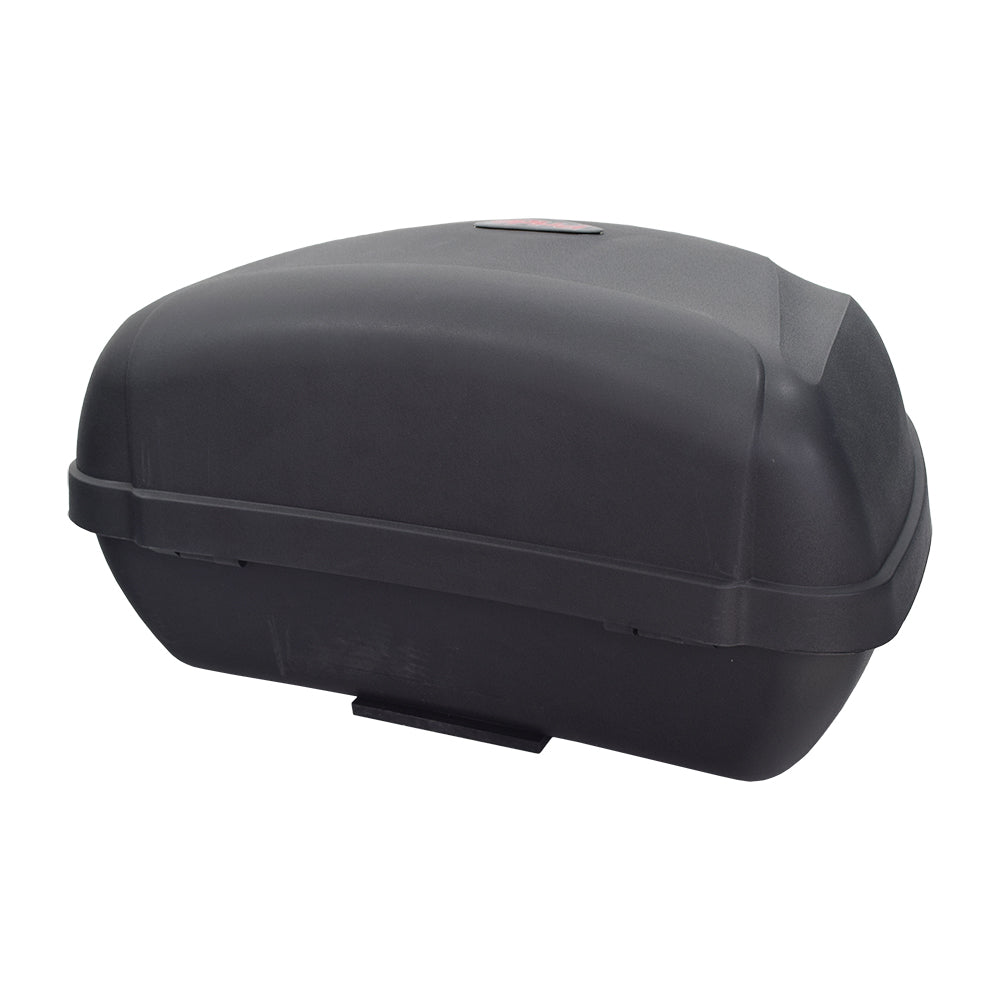 Optional Rear Storage Pod for the Pride Sport Rider, a sleek black plastic box with a red label, ideal for storing essentials like a battery charger or gloves.