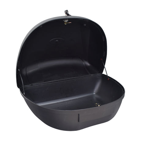 Optional Rear Storage Pod for the Pride Sport Rider, black plastic container with a lid, designed for attaching to the rear, suitable for storing a battery charger, gloves, or snacks.