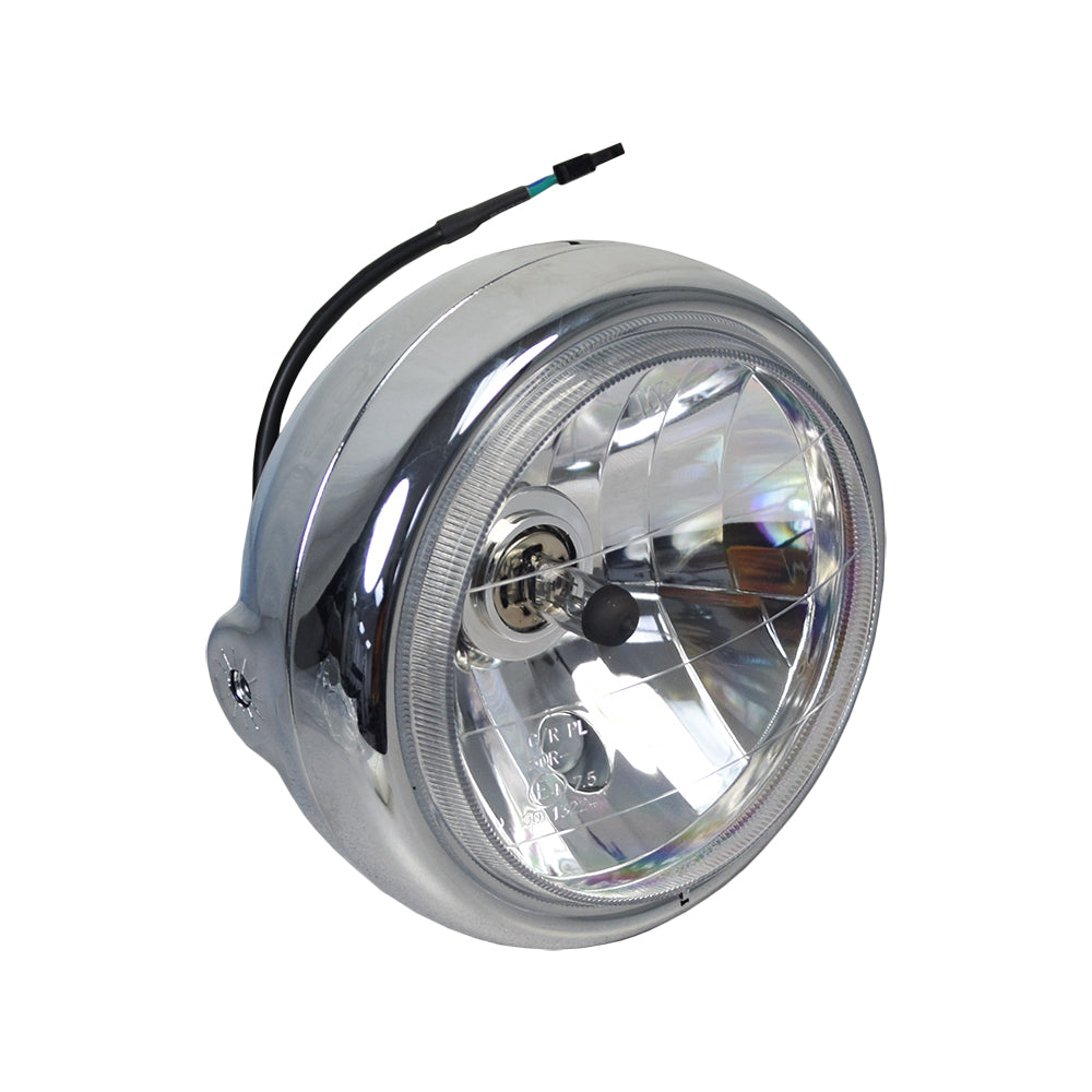 Headlight for the Pride Sport Rider: round silver headlight with a black cord, close-up view.