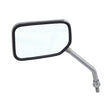 Left Side Mirror for the Pride Sport Rider: close-up view of a chrome-finished automotive side mirror with a long handle and metal arm, designed for superior visibility and style.