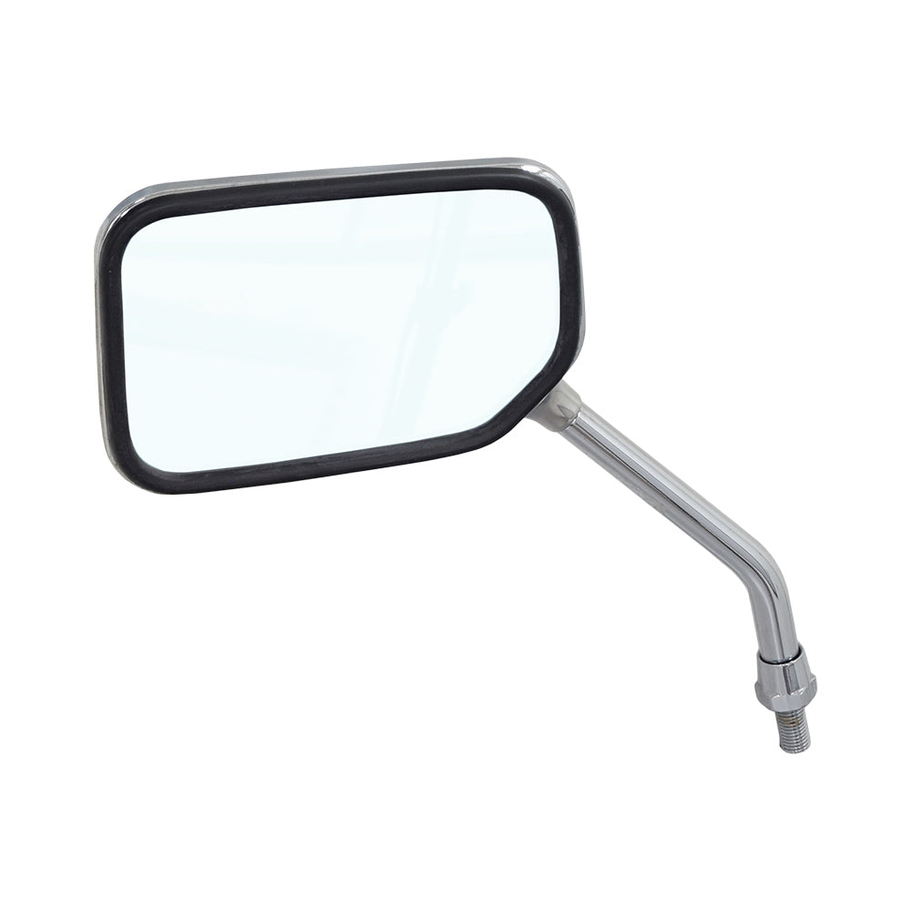 Left Side Mirror for the Pride Sport Rider: close-up view of a chrome-finished automotive side mirror with a long handle and metal arm, designed for superior visibility and style.