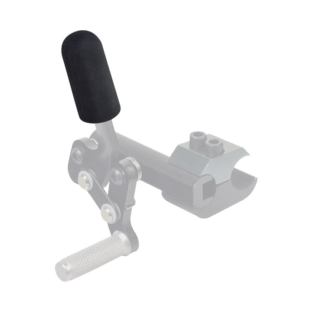 Brake Handle Knob for Pride Stylus & Stylus LS Manual Wheelchairs, featuring a black rubber grip on a metal device, shown in a close-up highlighting the ergonomic, easy-to-use design.