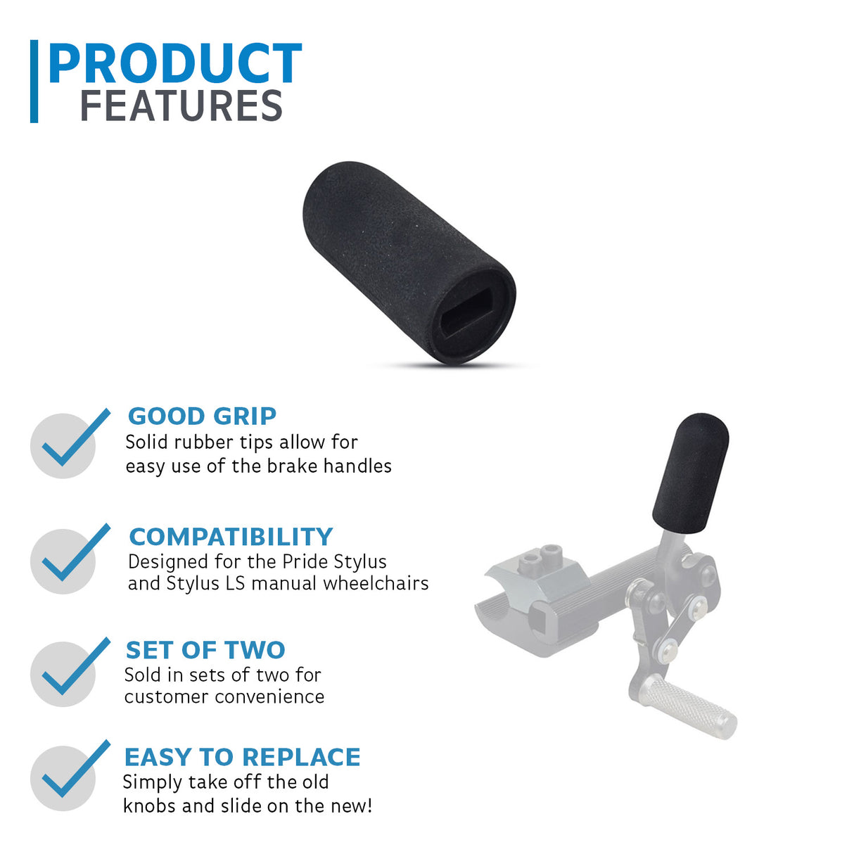 Brake Handle Knob for Pride Stylus & Stylus LS Manual Wheelchairs, featuring a black rubber grip, cylindrical shape, and a hole for attachment, ensuring easier wheelchair use.