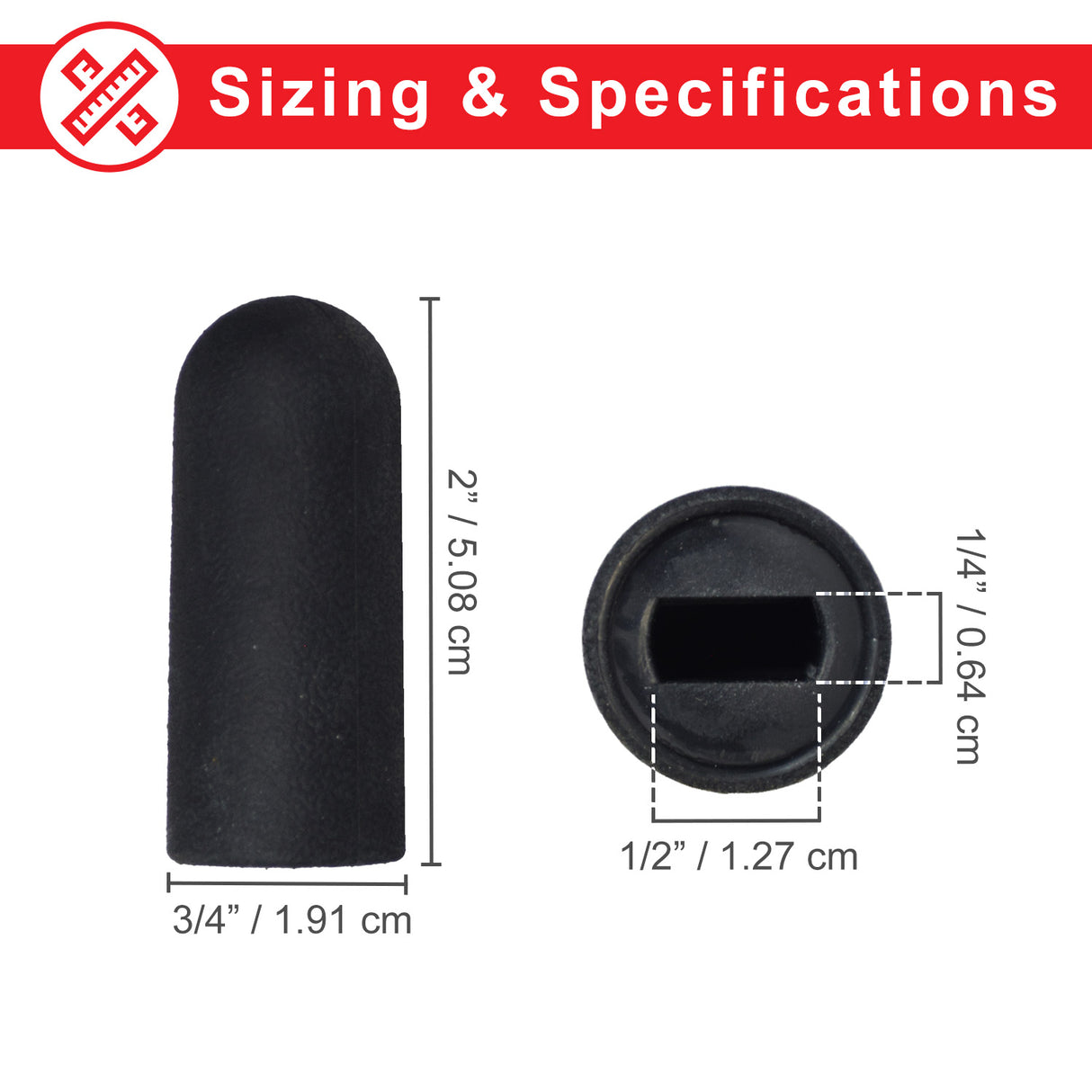 Black Rubber Tips for 1/2 Flat Invacare Style Wheelchair Wheel Locks (Set of 2) - close-up view of two black rubber brake handle tips with a square hole in the center.