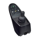 Dynamic Shark Joystick Remote featuring a black controller with a spherical top, various buttons, and a circular speedometer; designed for power chairs from multiple brands.