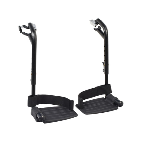 Swing-Away Legrest Assembly for the Pride Stylus & Stylus LS Wheelchair, featuring two black metal footrests with straps, designed to support lower legs at a natural angle.